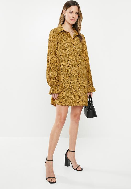 Missguided - Frill cuff shirt dress dalmation -  mustard