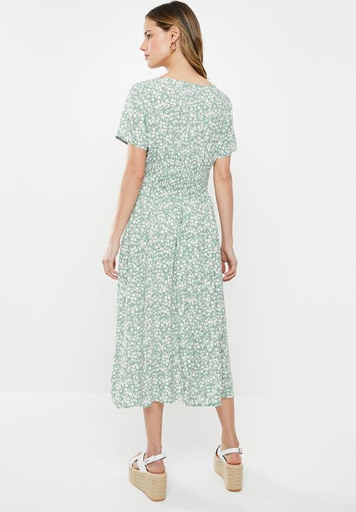 Cotton On - Woven clover short sleeve midi dress - green & white