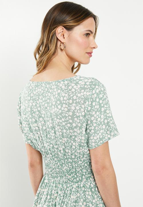 Cotton On - Woven clover short sleeve midi dress - green & white