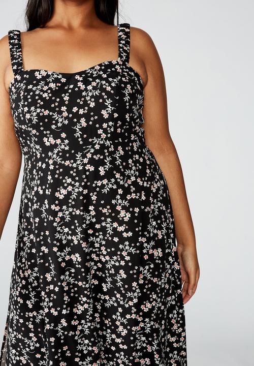 Cotton On - Curve woven melanie midi slip dress millie floral - black & white 