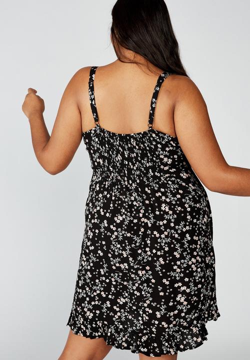 Cotton On - Curve woven kiara tie front mini dress millie floral - black & white 