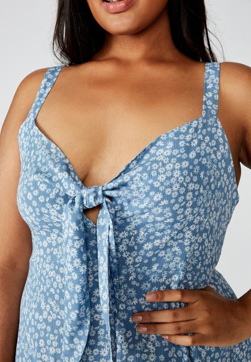 Cotton On - Curve woven Kiara tie front mini dress Frankie daisy - blue & white 