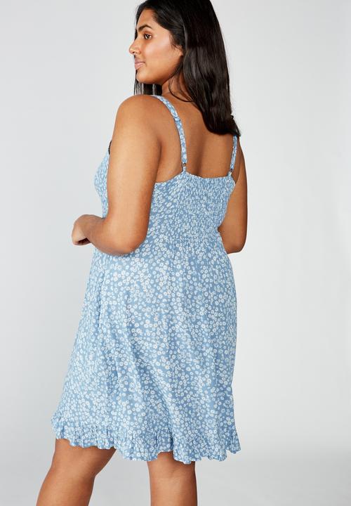 Cotton On - Curve woven Kiara tie front mini dress Frankie daisy - blue & white 