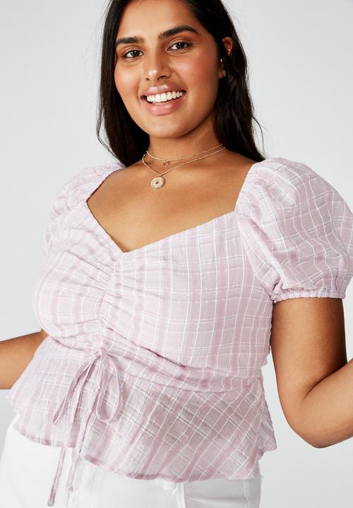 Cotton On - Curve lily rouched short sleeve top clair check - purple