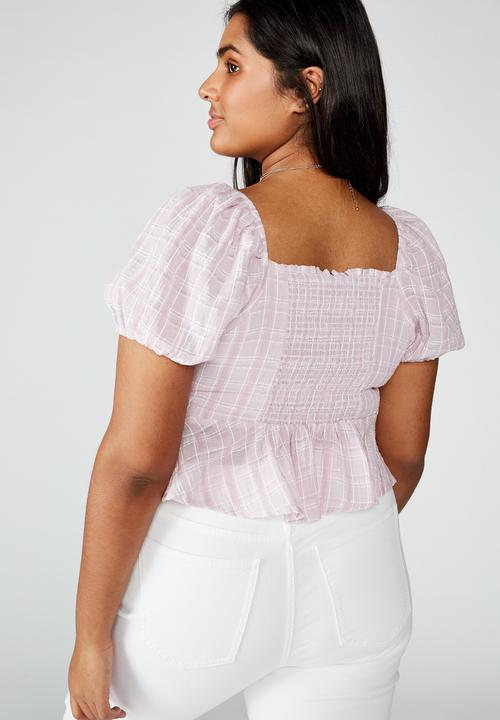 Cotton On - Curve lily rouched short sleeve top clair check - purple