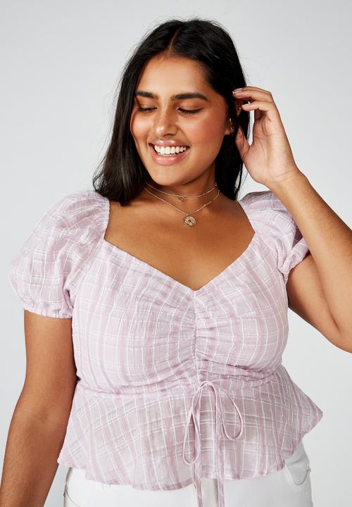 Cotton On - Curve lily rouched short sleeve top clair check - purple