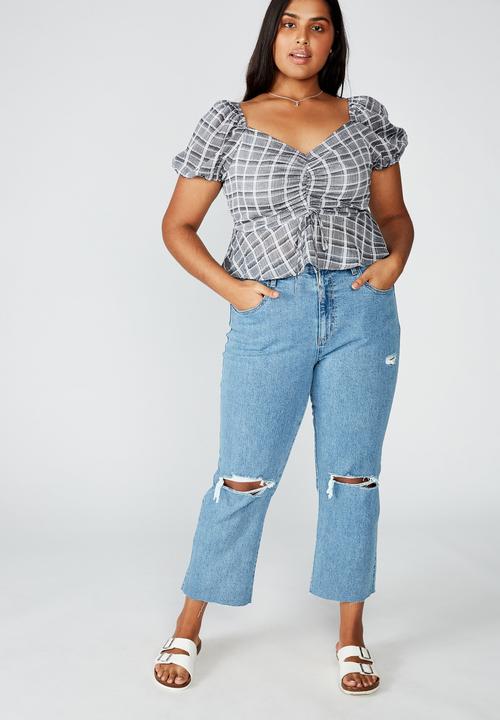 Cotton On - Curve lily rouched short sleeve top clair check - grey & black