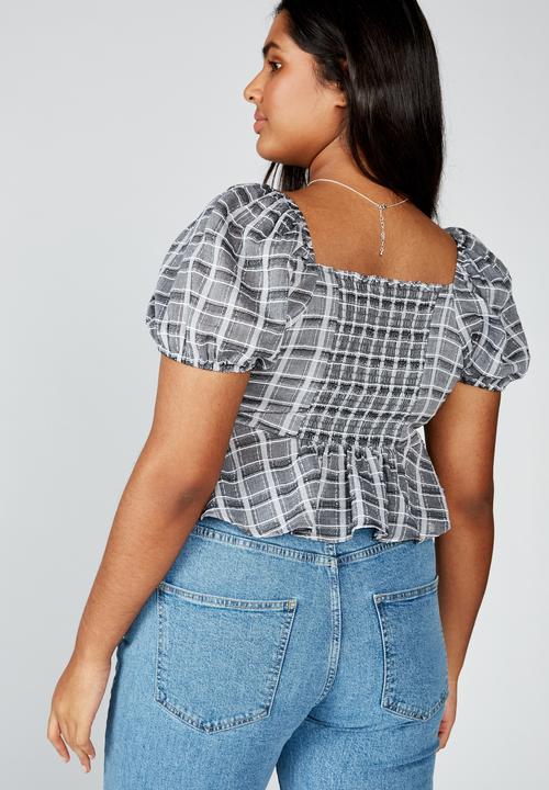 Cotton On - Curve lily rouched short sleeve top clair check - grey & black