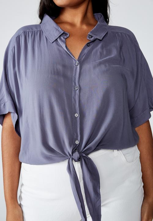 Cotton On - Curve epic tie front short sleeve shirt - purple 