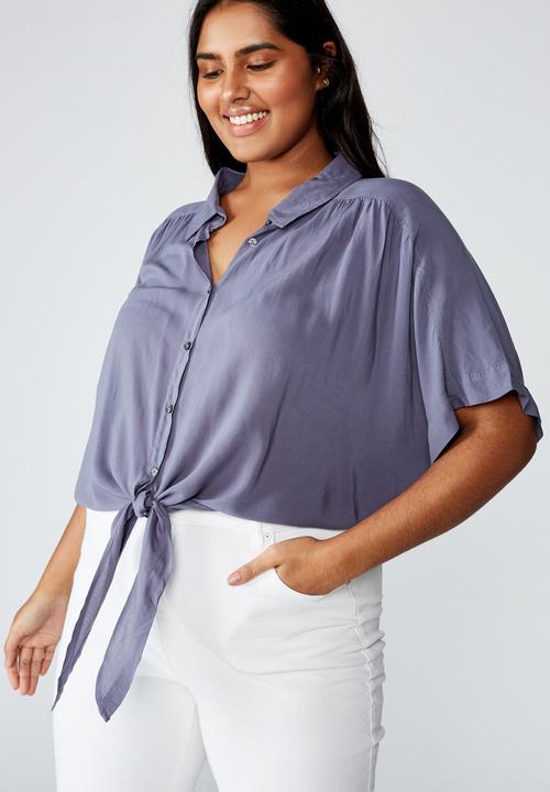Cotton On - Curve epic tie front short sleeve shirt - purple 