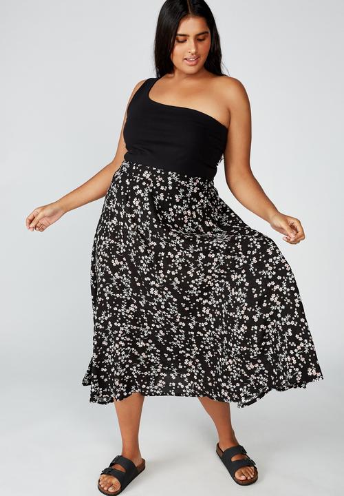 Cotton On - Curve botanical midi skirt millie floral - black & white