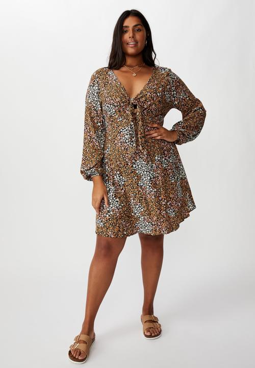 Cotton On - Curve woven Alena tie front mini dress mandy multi ditsy - multi