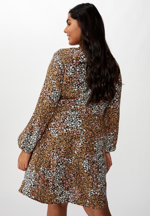 Cotton On - Curve woven Alena tie front mini dress mandy multi ditsy - multi