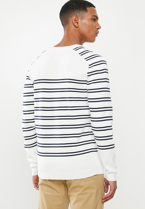 Selected Homme - Steve stripe crew sweater - white & navy 