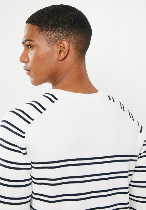 Selected Homme - Steve stripe crew sweater - white & navy 