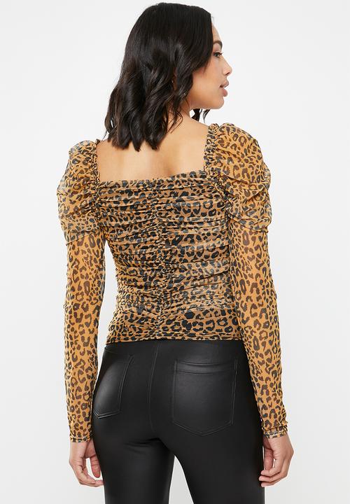 Missguided - Mesh ruched corset puff top - brown & black