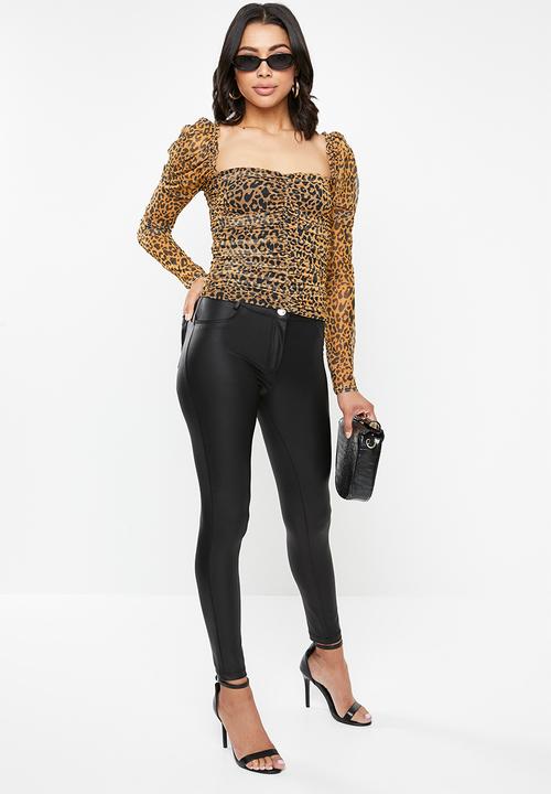 Missguided - Mesh ruched corset puff top - brown & black