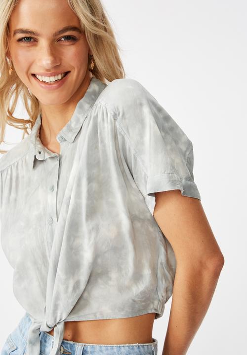 Cotton On - Epic tie front short sleeve shirt - washed cloud blue