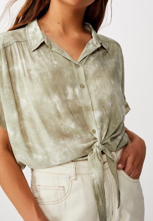 Cotton On - Epic tie front short sleeve shirt - khaki