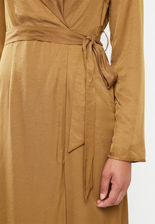 Missguided - Plunge belted slit front midi dress - brown