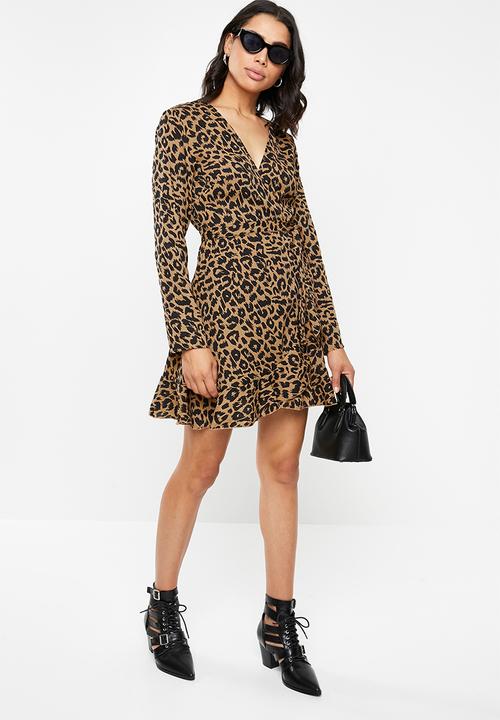 Missguided - Ruffle hem wrap tea dress leopard - black & brown