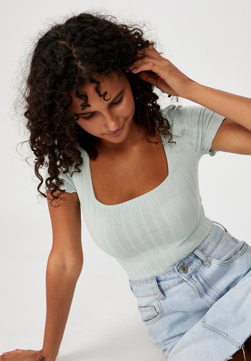 Cotton On - Tatum square neck wide rib short sleeve top - blue
