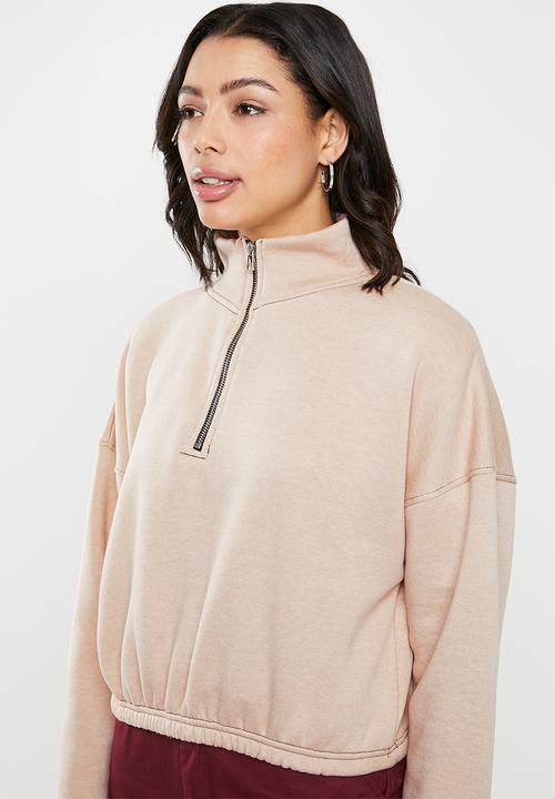Missguided - Zip front high neck gathered waist sweat - beige