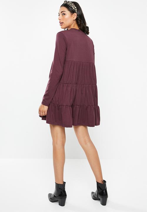 Missguided - Jersey tiered long sleeve smock dress - burgundy