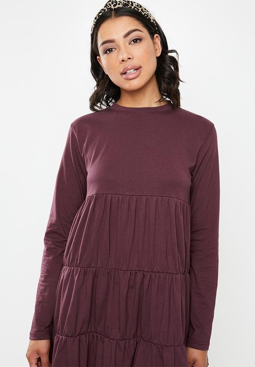 Missguided - Jersey tiered long sleeve smock dress - burgundy