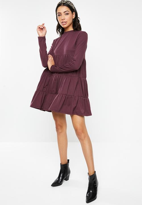 Missguided - Jersey tiered long sleeve smock dress - burgundy