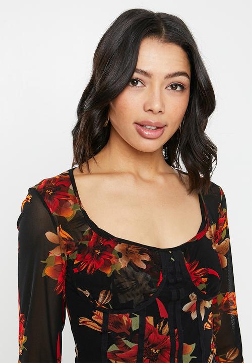 Missguided - Mesh long sleeve corset seam floral print top - multi