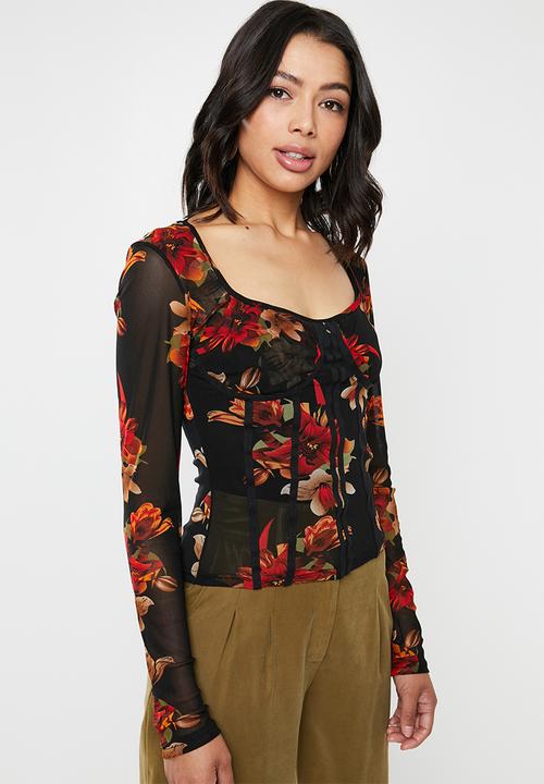 Missguided - Mesh long sleeve corset seam floral print top - multi