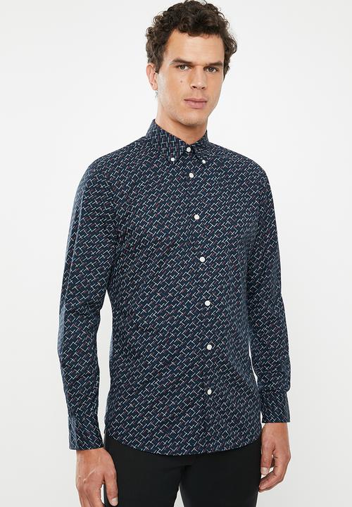 Selected Homme - Matt slim fit all over print shirt - navy
