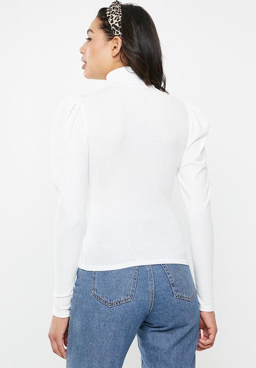 Missguided - Rib high neck puff sleeve top - cream