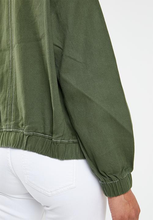 Missguided - Zip through constrast stitch denim jacket - green