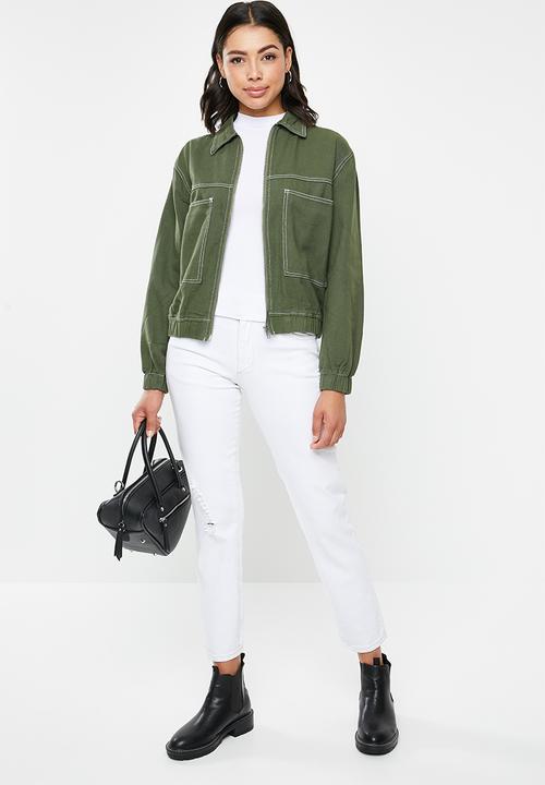 Missguided - Zip through constrast stitch denim jacket - green