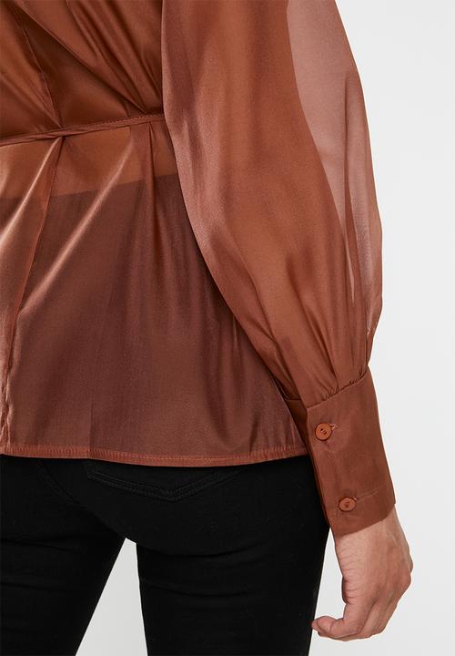Missguided - Organza belted wrap blouse - brown