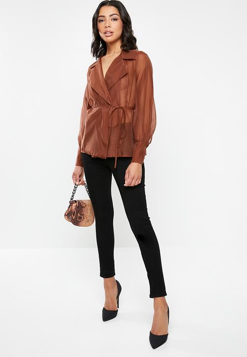Missguided - Organza belted wrap blouse - brown
