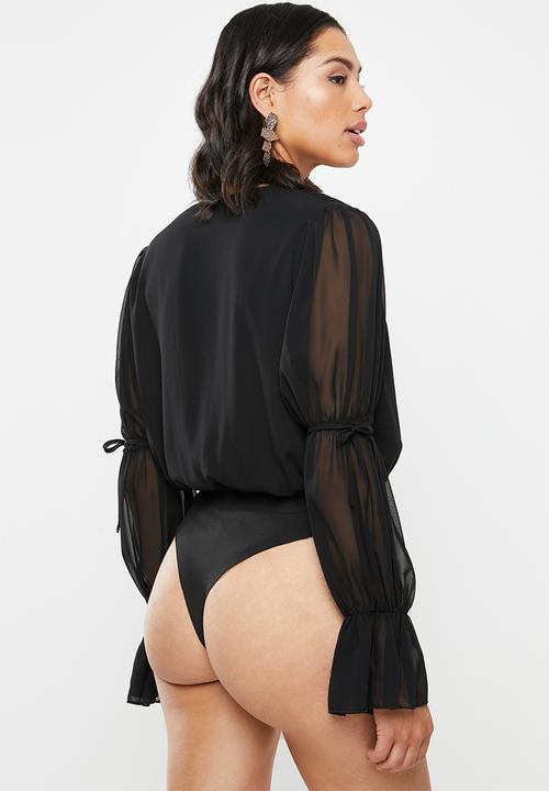 Missguided - Chiffon plunge tie sleeves bodysuit - black