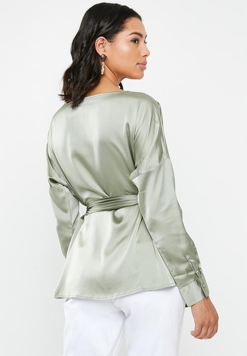 Missguided - Oversized plunge tie waist blouse - green