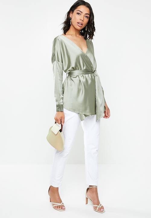 Missguided - Oversized plunge tie waist blouse - green