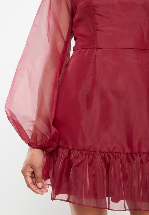Missguided - Organza puff sleeve dress - burgundy