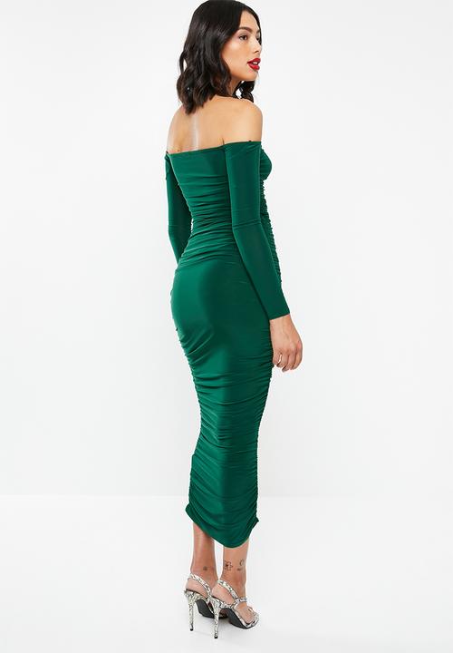Missguided - Bardot slinky ruched midi dress -  green