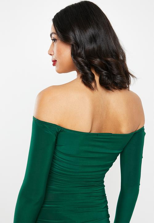 Missguided - Bardot slinky ruched midi dress -  green