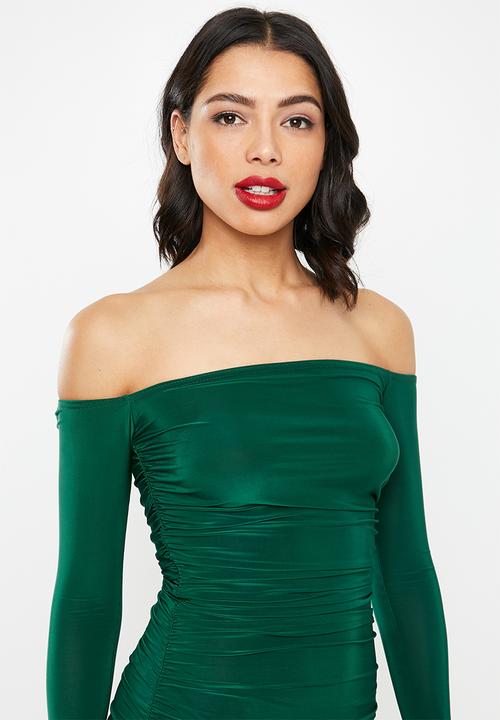 Missguided - Bardot slinky ruched midi dress -  green