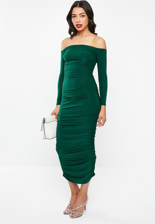 Missguided - Bardot slinky ruched midi dress -  green