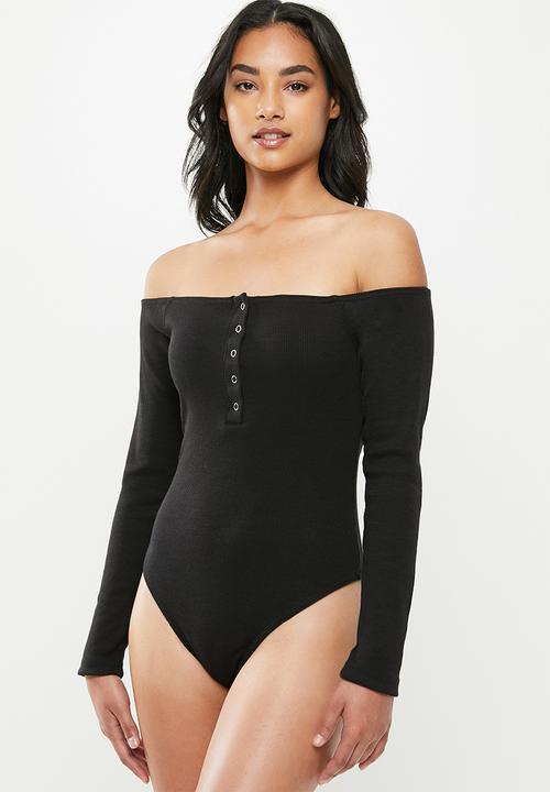 Missguided - Petite button front rib bodysuit - black