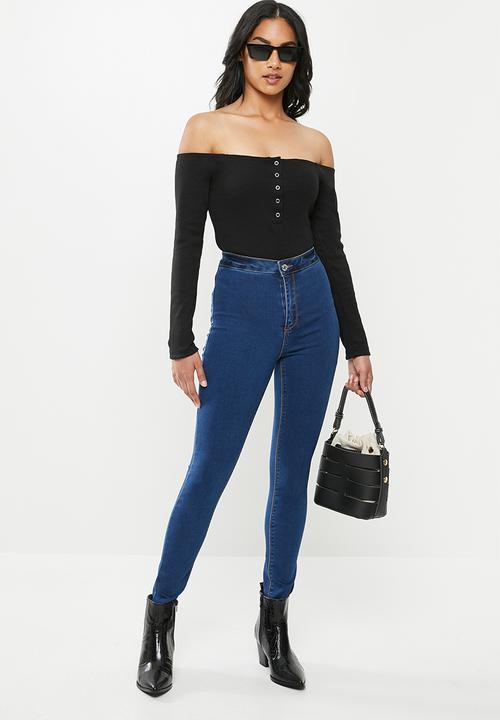 Missguided - Petite button front rib bodysuit - black