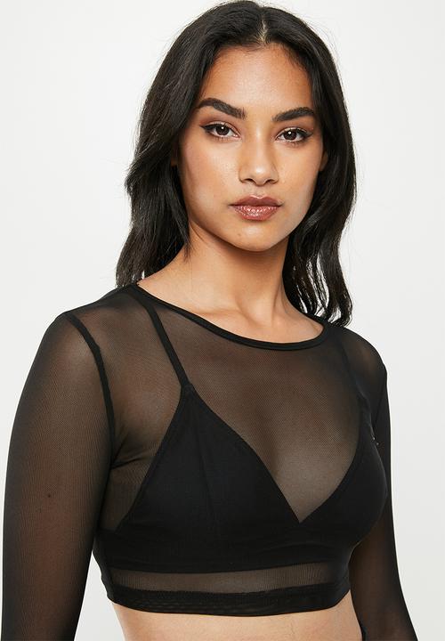 Missguided - Petite long sleeve mesh crop tee - black