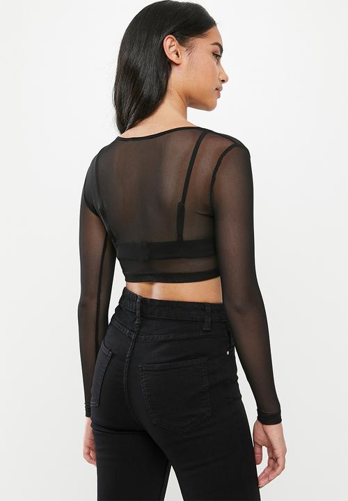 Missguided - Petite long sleeve mesh crop tee - black
